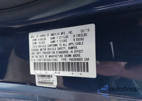 2016 Honda Accord Lx-S из США, поврежденный, VIN 1HGCT1B30GA012480